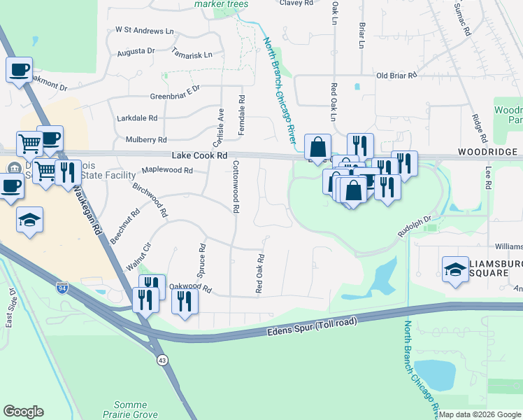 map of restaurants, bars, coffee shops, grocery stores, and more near 148 Avon Road in Northbrook