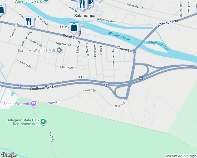 map of restaurants, bars, coffee shops, grocery stores, and more near 163 Wilson Street in Salamanca