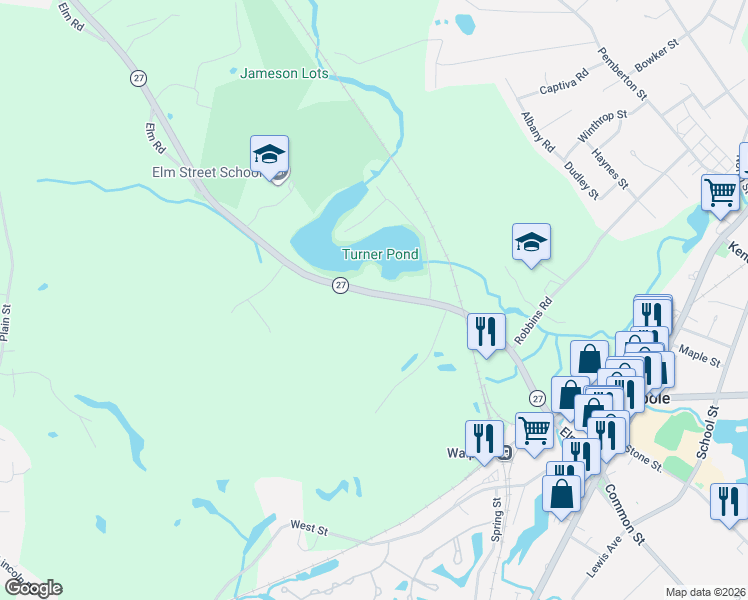 map of restaurants, bars, coffee shops, grocery stores, and more near 270 Elm Street in Walpole
