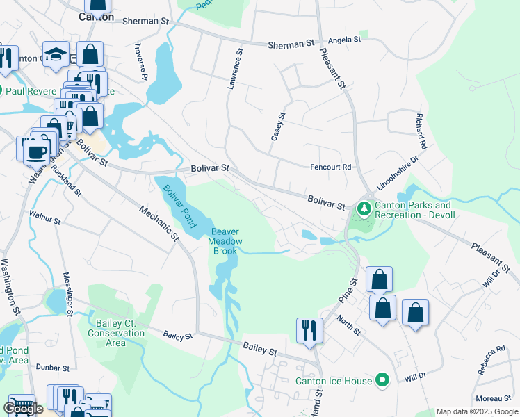 map of restaurants, bars, coffee shops, grocery stores, and more near 55 Waterfall Drive in Canton