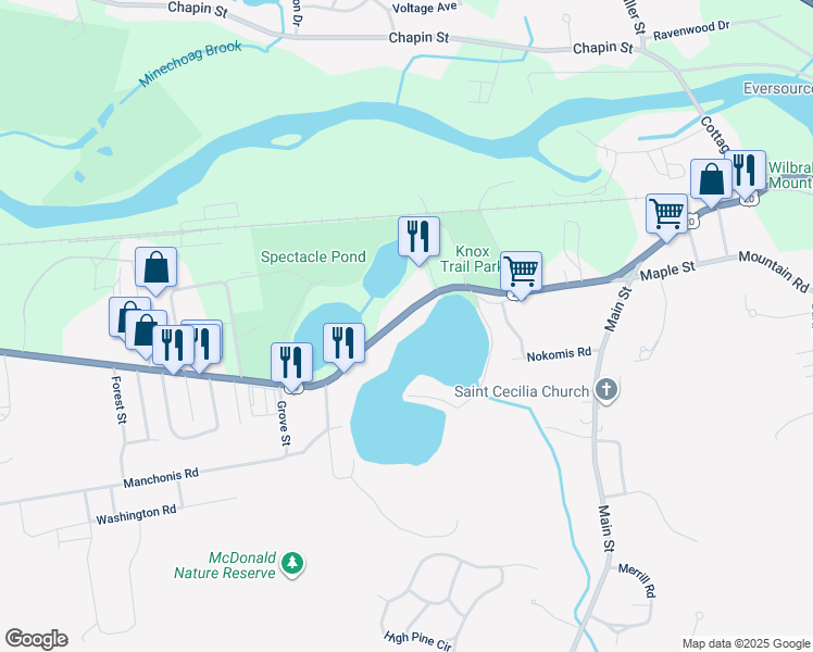 map of restaurants, bars, coffee shops, grocery stores, and more near 2627 Boston Road in Wilbraham