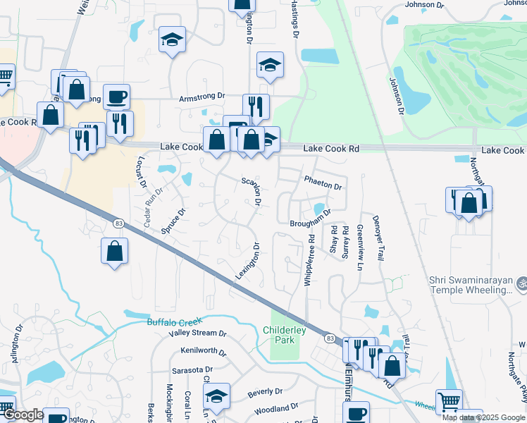 map of restaurants, bars, coffee shops, grocery stores, and more near 1021 Thorndale Court in Wheeling