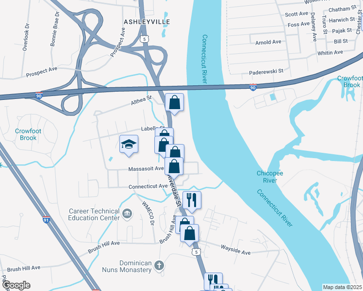 map of restaurants, bars, coffee shops, grocery stores, and more near 1715 Riverdale Street in West Springfield