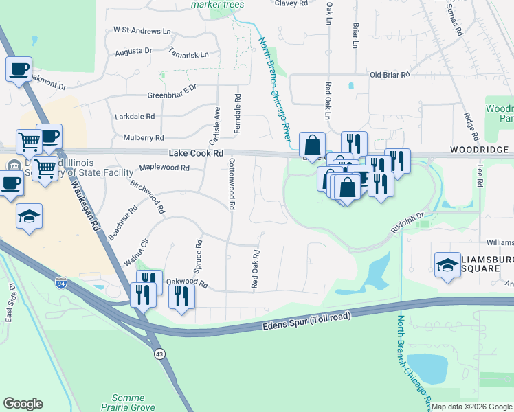 map of restaurants, bars, coffee shops, grocery stores, and more near 148 Avon Road in Northbrook