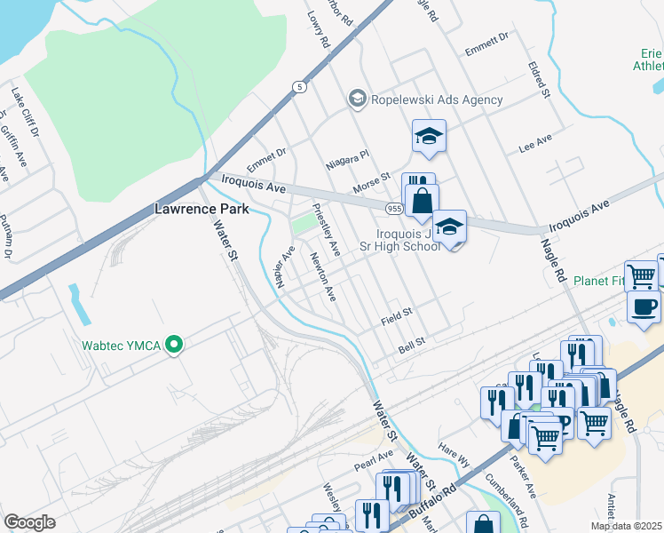 map of restaurants, bars, coffee shops, grocery stores, and more near 3812 Main Street in Erie