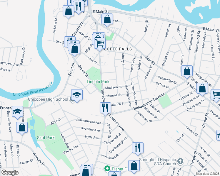 map of restaurants, bars, coffee shops, grocery stores, and more near 21 Madison Street in Chicopee