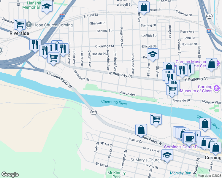 map of restaurants, bars, coffee shops, grocery stores, and more near 225 Hillvue Avenue in Corning