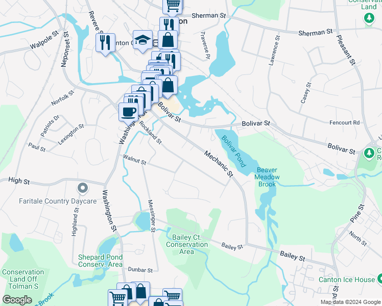 map of restaurants, bars, coffee shops, grocery stores, and more near 19 Kempley Place in Canton