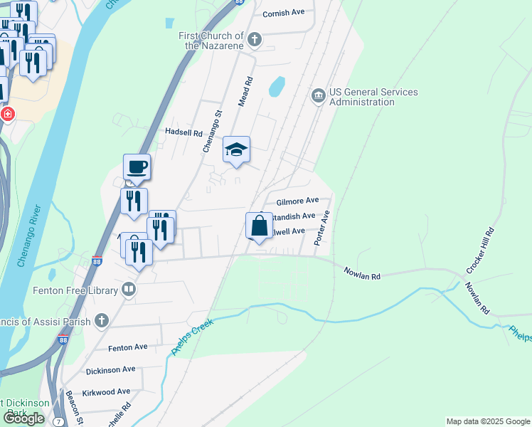 map of restaurants, bars, coffee shops, grocery stores, and more near 6-8 Standish Ave in Binghamton