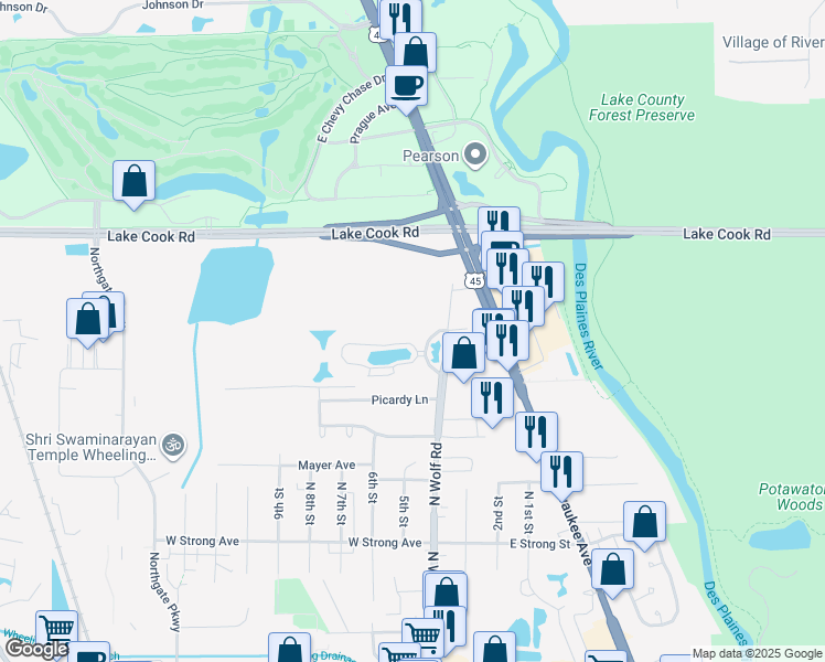 map of restaurants, bars, coffee shops, grocery stores, and more near 40 Prairie Park Drive in Wheeling