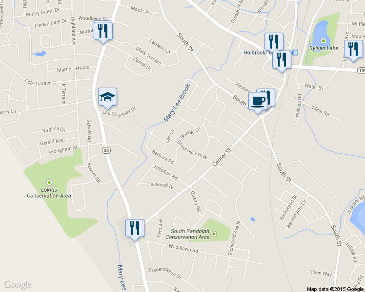 map of restaurants, bars, coffee shops, grocery stores, and more near 45 Druid Hill Avenue West in Randolph