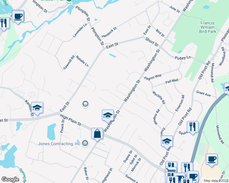 map of restaurants, bars, coffee shops, grocery stores, and more near 8 Grace Memorial Drive in Walpole