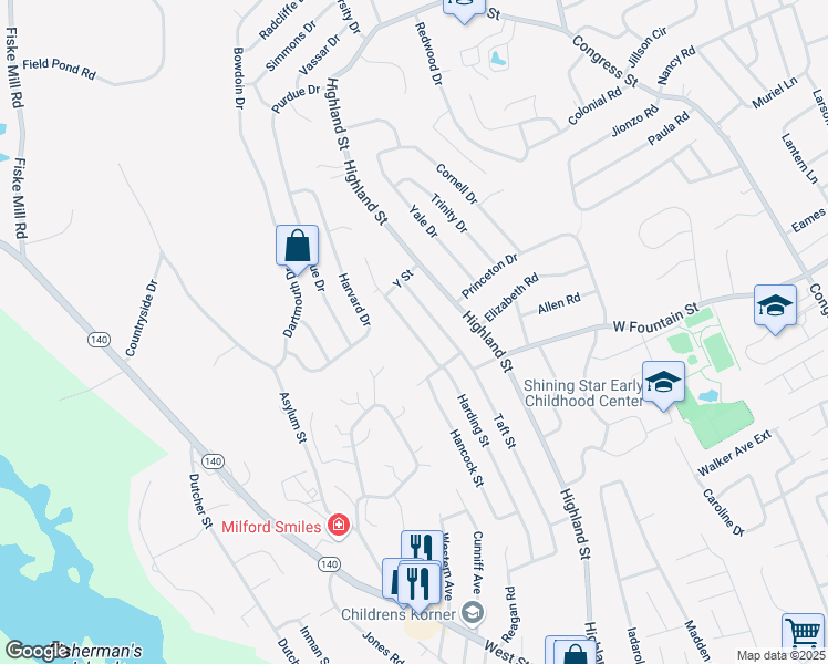 map of restaurants, bars, coffee shops, grocery stores, and more near 52 Harding Street in Milford