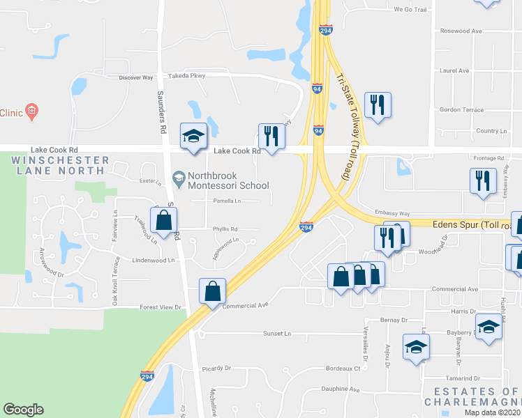 map of restaurants, bars, coffee shops, grocery stores, and more near 4005 Pamella Lane in Northbrook