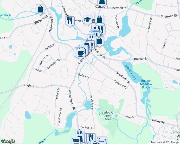 map of restaurants, bars, coffee shops, grocery stores, and more near 80 Walnut Street in Canton