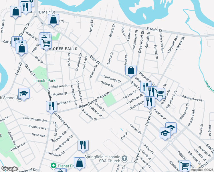 map of restaurants, bars, coffee shops, grocery stores, and more near 45 Oxford Street in Chicopee