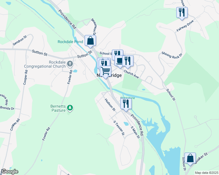 map of restaurants, bars, coffee shops, grocery stores, and more near 2147 Providence Road in Northbridge