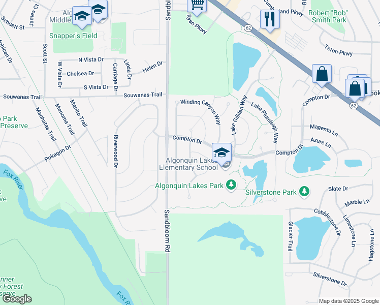 map of restaurants, bars, coffee shops, grocery stores, and more near 541 Golden Valley Lane in Algonquin