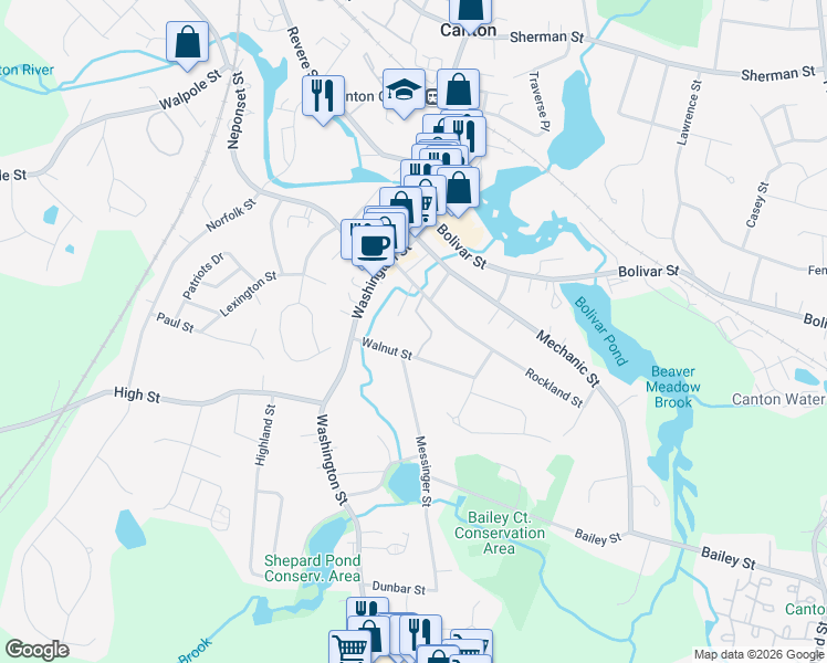 map of restaurants, bars, coffee shops, grocery stores, and more near 80 Walnut Street in Canton