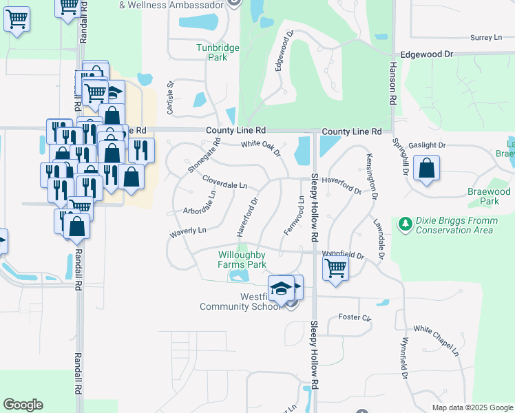 map of restaurants, bars, coffee shops, grocery stores, and more near 1811 Haverford Drive in Algonquin