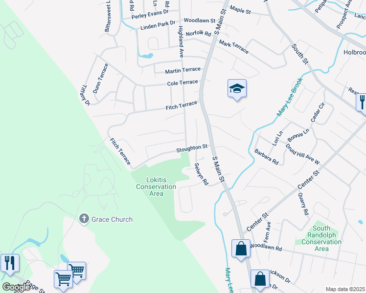 map of restaurants, bars, coffee shops, grocery stores, and more near 10 Stoughton Street in Randolph