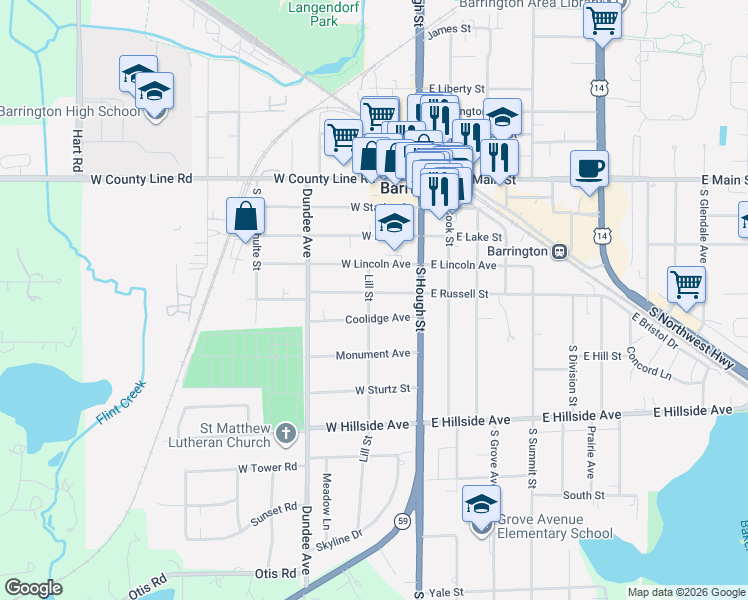 map of restaurants, bars, coffee shops, grocery stores, and more near 139 West Russell Street in Barrington
