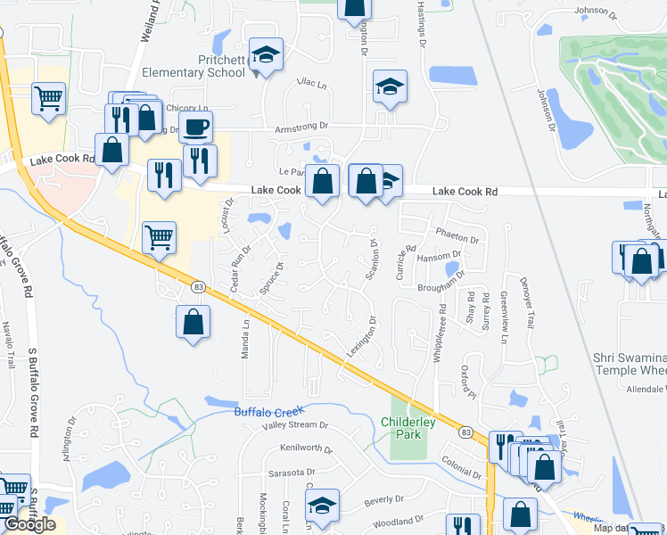 map of restaurants, bars, coffee shops, grocery stores, and more near 1104 Wildberry Court in Wheeling