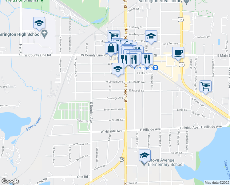 map of restaurants, bars, coffee shops, grocery stores, and more near 116 Coolidge Avenue in Barrington