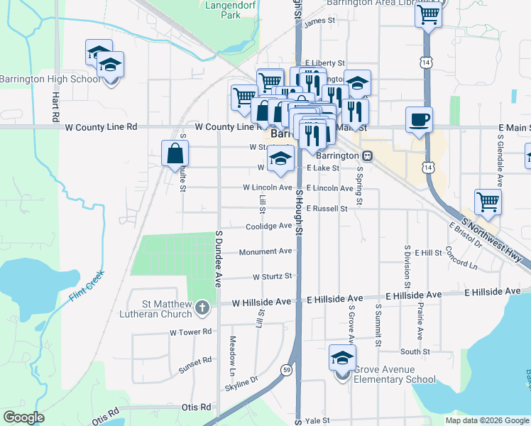 map of restaurants, bars, coffee shops, grocery stores, and more near 200 Coolidge Avenue in Barrington