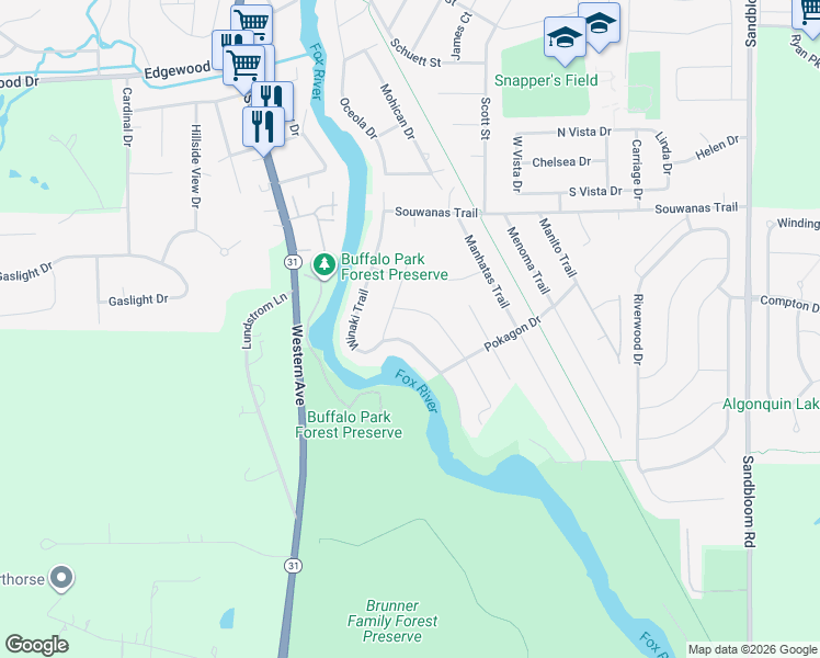 map of restaurants, bars, coffee shops, grocery stores, and more near 1453 Winaki Trail in Algonquin