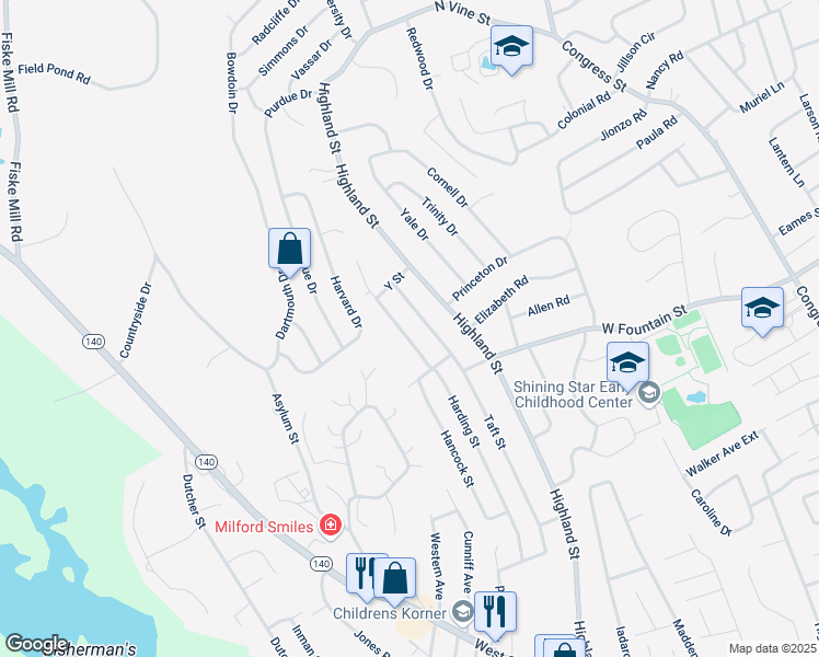 map of restaurants, bars, coffee shops, grocery stores, and more near 52 Harding Street in Milford