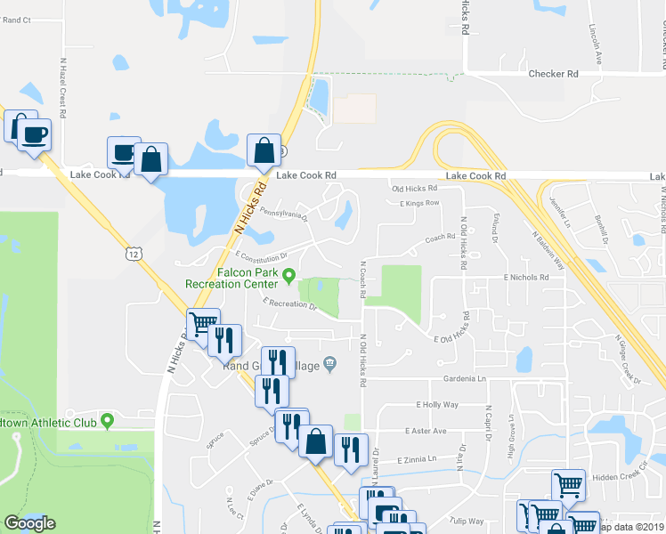 map of restaurants, bars, coffee shops, grocery stores, and more near 763 Pennsylvania Avenue in Palatine