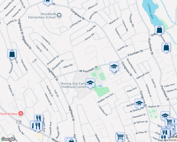 map of restaurants, bars, coffee shops, grocery stores, and more near 26 1/2 West Fountain Street in Milford