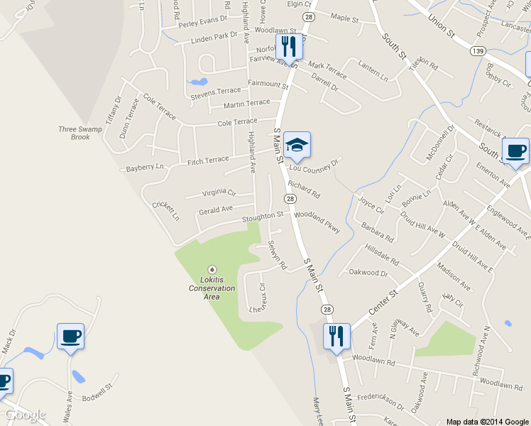map of restaurants, bars, coffee shops, grocery stores, and more near 10 Stoughton Street in Randolph