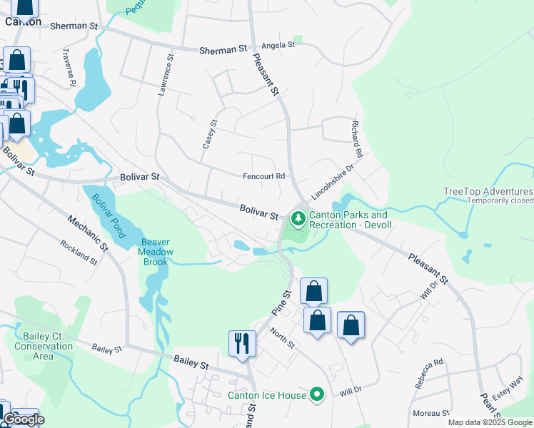 map of restaurants, bars, coffee shops, grocery stores, and more near 487 Bolivar Street in Canton