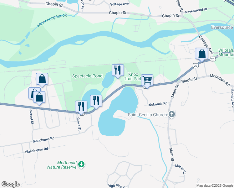 map of restaurants, bars, coffee shops, grocery stores, and more near 2627 Boston Road in Wilbraham