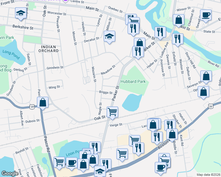 map of restaurants, bars, coffee shops, grocery stores, and more near 216 Parker Street in Springfield