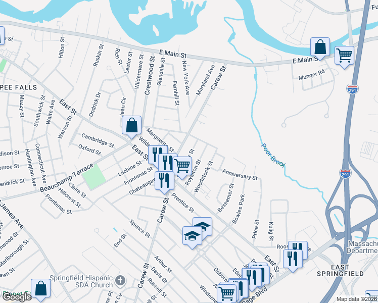 map of restaurants, bars, coffee shops, grocery stores, and more near 63 Rochester Street in Chicopee