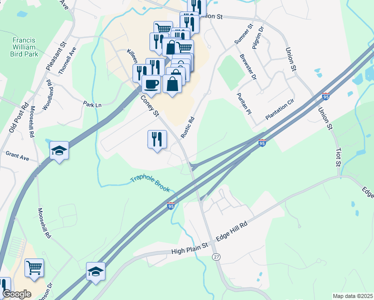 map of restaurants, bars, coffee shops, grocery stores, and more near 326 Coney Street in Walpole