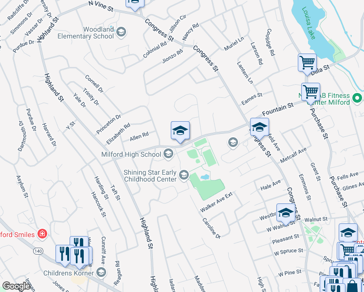 map of restaurants, bars, coffee shops, grocery stores, and more near 31 West Fountain Street in Milford