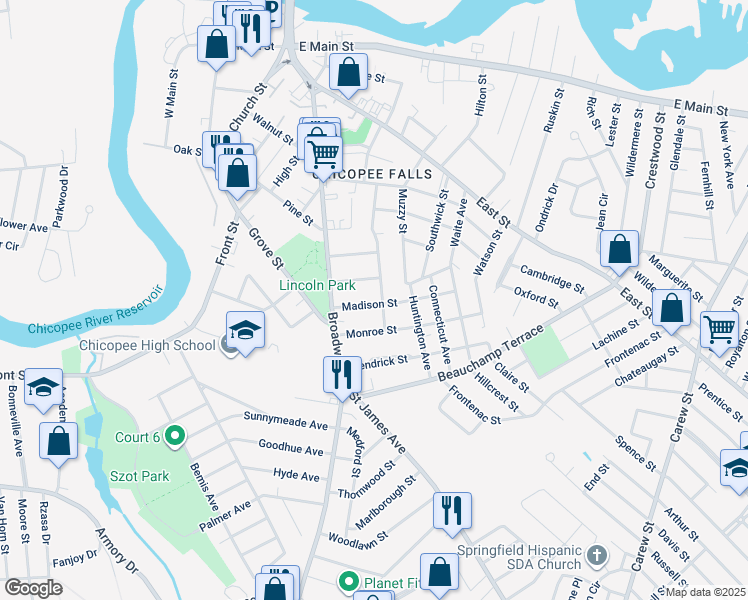 map of restaurants, bars, coffee shops, grocery stores, and more near 48 Madison Street in Chicopee