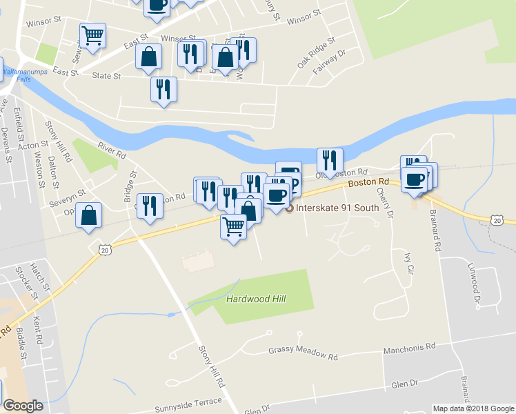 map of restaurants, bars, coffee shops, grocery stores, and more near 2114 Boston Road in Wilbraham