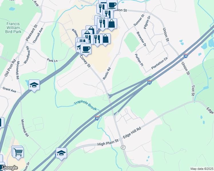 map of restaurants, bars, coffee shops, grocery stores, and more near 326 Coney Street in Walpole