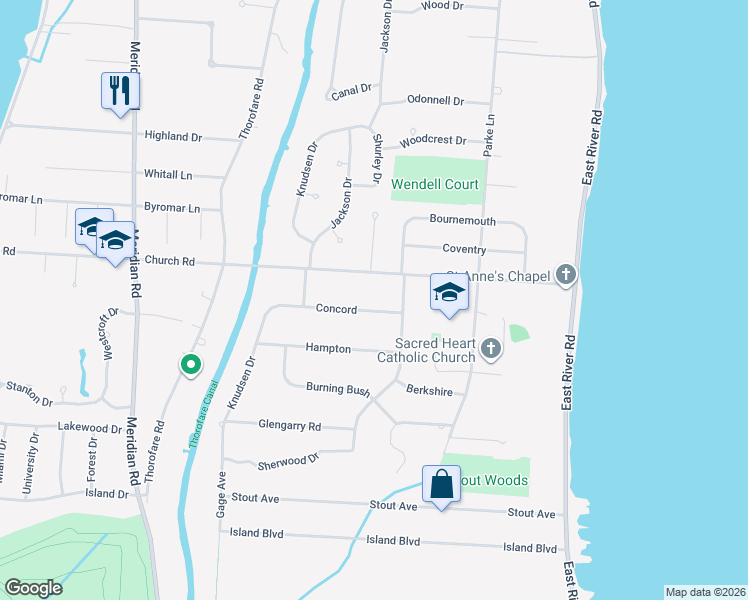map of restaurants, bars, coffee shops, grocery stores, and more near 8401 Concord Road in Grosse Ile Township