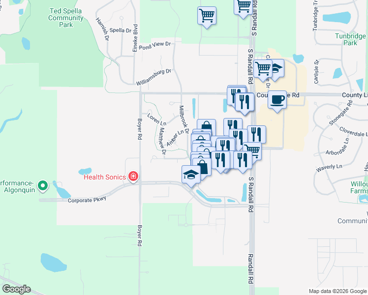 map of restaurants, bars, coffee shops, grocery stores, and more near 1615 Millbrook Drive in Algonquin