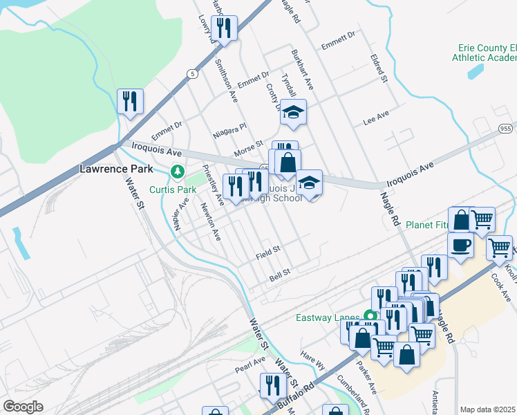 map of restaurants, bars, coffee shops, grocery stores, and more near 4019 Main Street in Erie