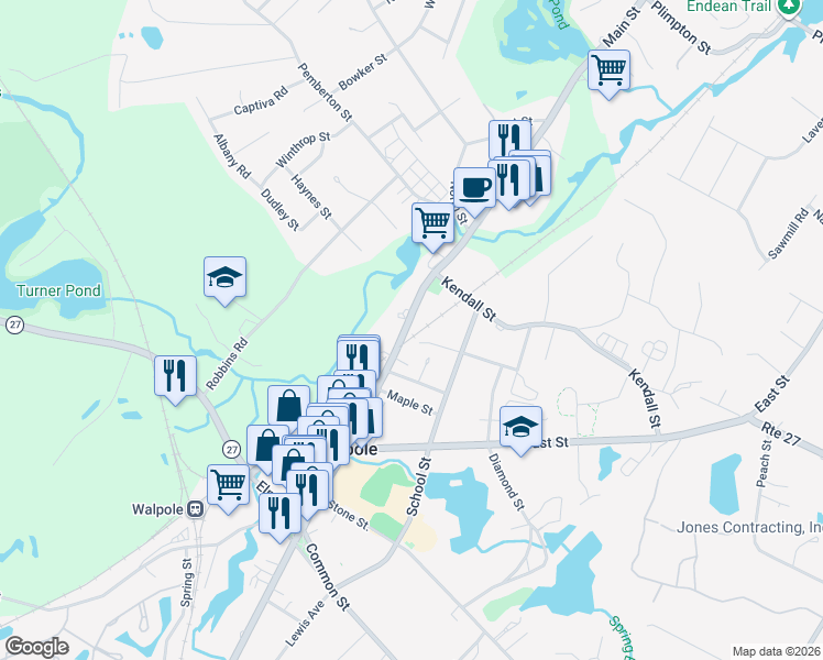 map of restaurants, bars, coffee shops, grocery stores, and more near in Walpole