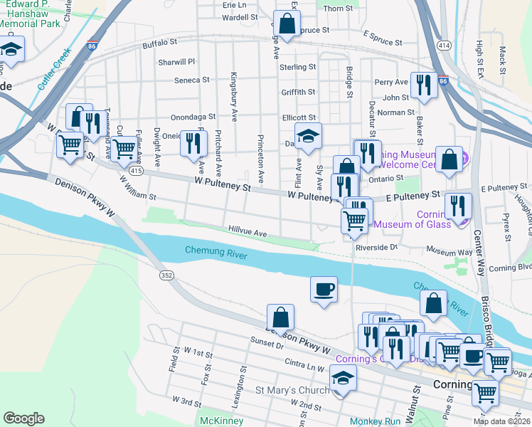 map of restaurants, bars, coffee shops, grocery stores, and more near 108 West William Street in Corning