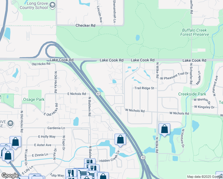 map of restaurants, bars, coffee shops, grocery stores, and more near 2227 West Nichols Road in Arlington Heights