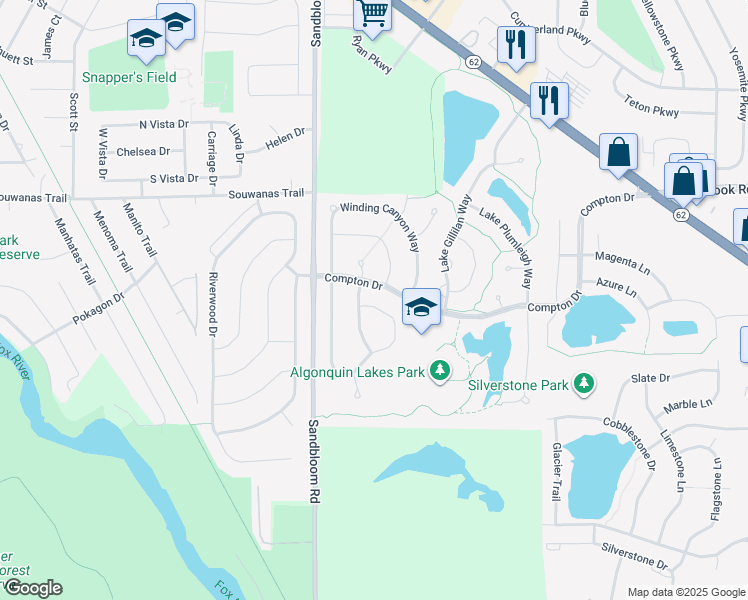map of restaurants, bars, coffee shops, grocery stores, and more near 831 Lake Cornish Way in Algonquin